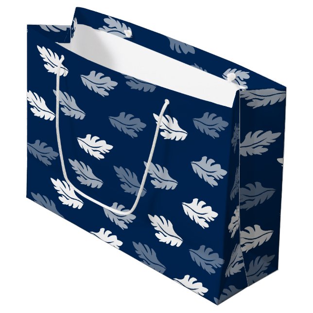 Navy Blue Antique Leaves Pattern Large Gift Bag (Front Angled)