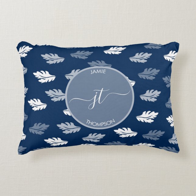 Navy Blue Antique Leaves Pattern Monogram Decorative Cushion (Front)