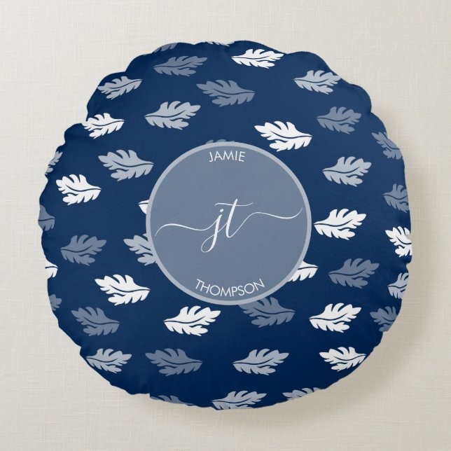 Navy Blue Antique Leaves Pattern Monogram Round Cushion (Front)