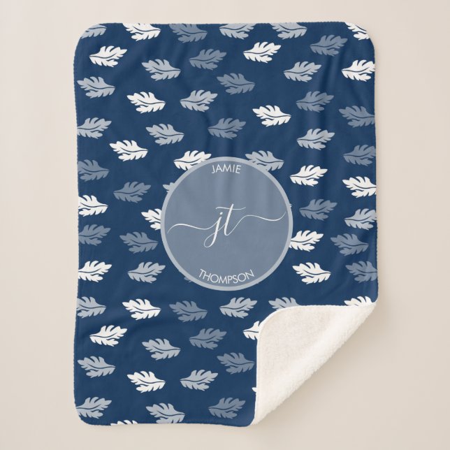 Navy Blue Antique Leaves Pattern Monogram Sherpa Blanket (Front)