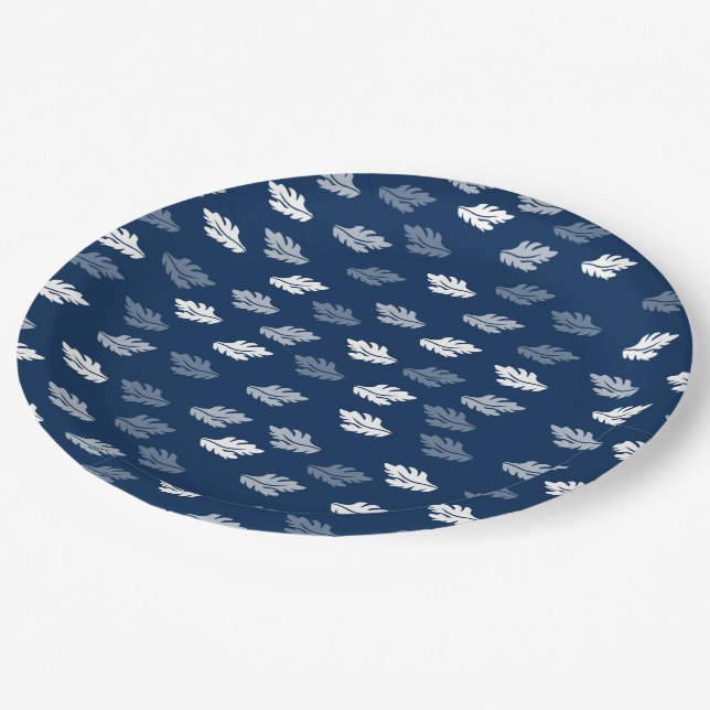 Navy Blue Antique Leaves Pattern  Paper Plate (Angled)