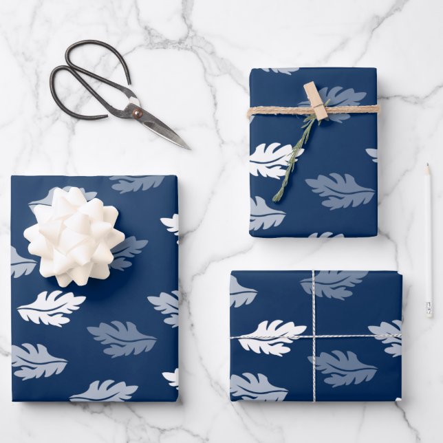 Navy Blue Antique Leaves Pattern Wrapping Paper Sheet (Front)