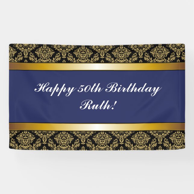 Navy Blue Any Age Gold Damask Birthday Banner (Horizontal)