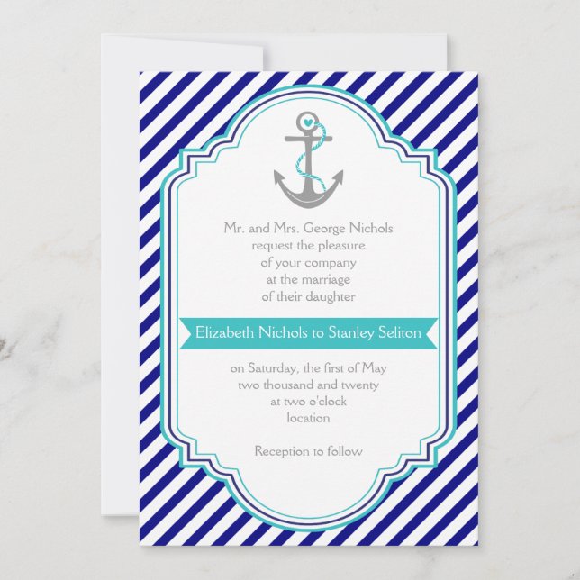 Navy blue, aqua anchor & stripes nautical wedding invitation (Front)