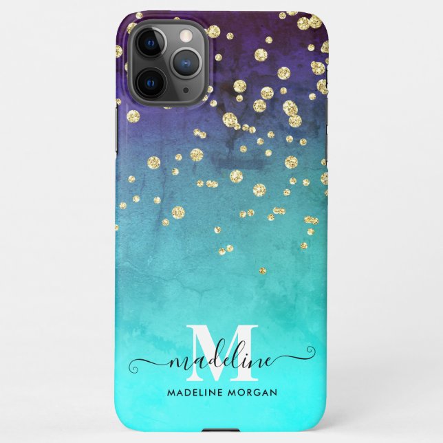 Navy blue aqua gold sparkle glitter monogram  iPhone case (Back)