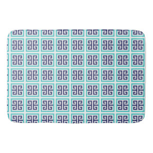 Navy Blue Aqua Greek Pattern Bath Mat