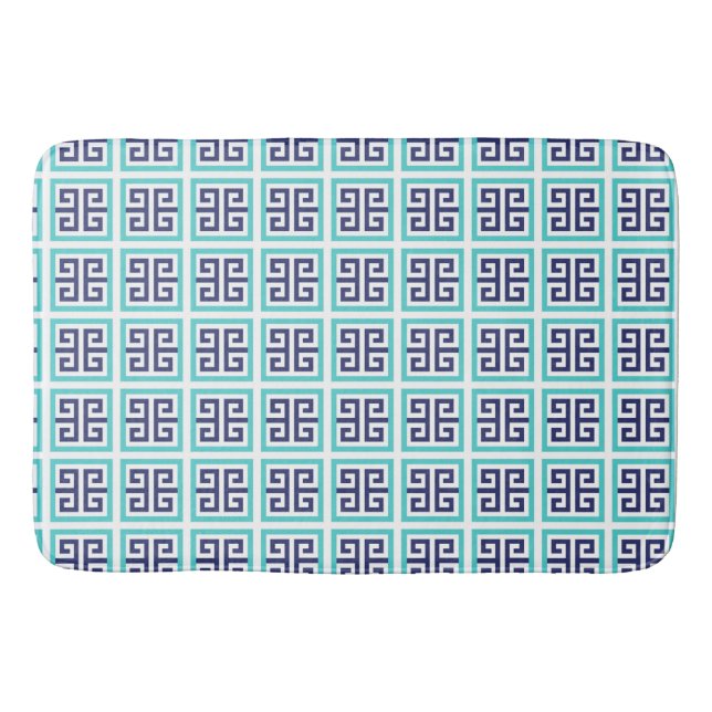 Navy Blue Aqua Greek Pattern Bath Mat (Front)