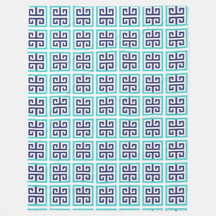Navy Blue Aqua Greek Pattern Fleece Blanket