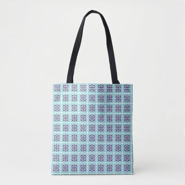 Navy Blue Aqua Greek Pattern Tote Bag (Front)
