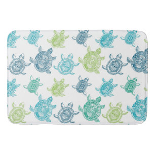 Navy Blue Aqua Lime Green Sea Turtles Pattern  Bath Mat