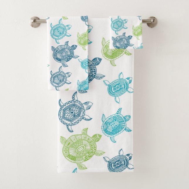 Navy Blue Aqua Lime Green Sea Turtles Pattern Bath Towel Set (Insitu)