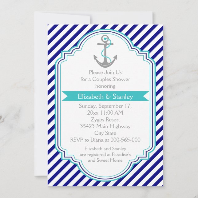 Navy blue, aqua nautical couples wedding shower invitation (Front)