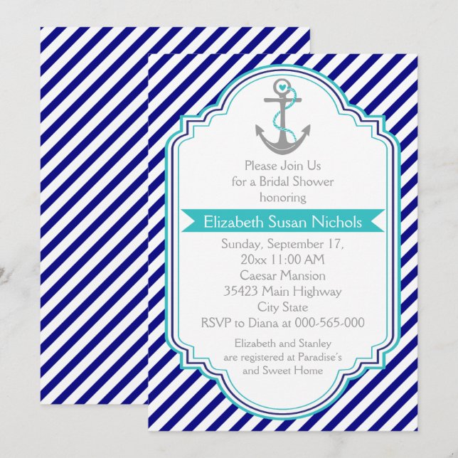 Navy blue, aqua nautical wedding bridal shower invitation (Front/Back)