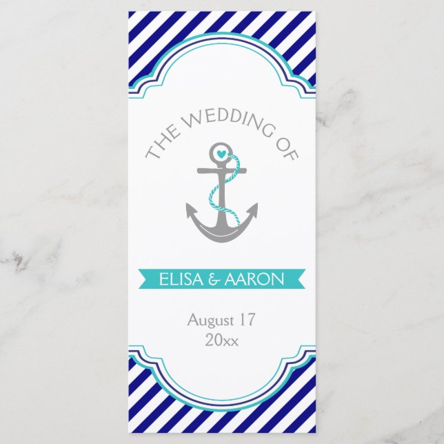 Navy blue, aqua nautical wedding program programme (Front)