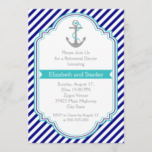Navy blue, aqua nautical wedding rehearsal dinner invitation