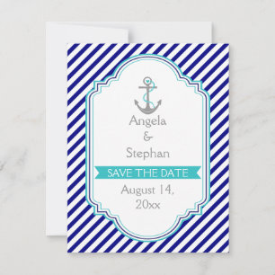 Navy blue, aqua nautical wedding Save the Date Invitation