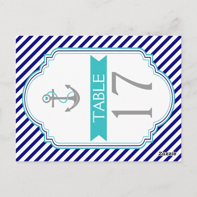 Navy blue, aqua nautical wedding table number postcard (Back)