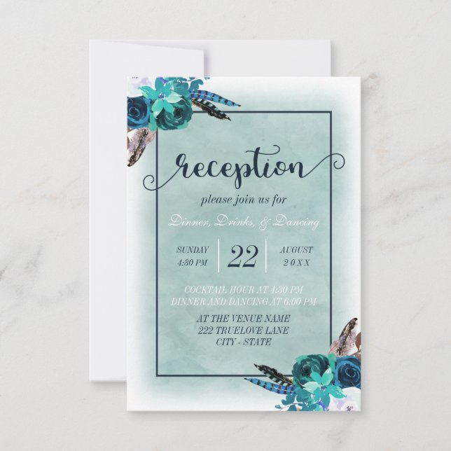Navy Blue Aqua Watercolor Floral Wedding Reception Invitation (Front)