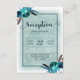 Navy Blue Aqua Watercolor Floral Wedding Reception Invitation