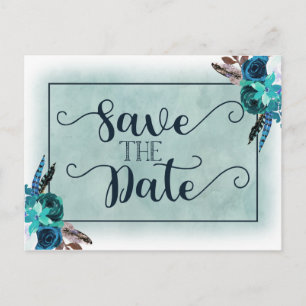 Navy Blue & Aqua Watercolor Wedding Save the Date Announcement Postcard