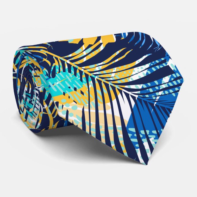 Navy Blue Aqua Yellow White Tropical Plants Tie (Rolled)