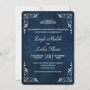 Navy Blue Arabesque Muslim Wedding Invitation