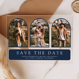 Navy Blue Arch 3 Photo Wedding Save the Date Acrylic Invitations