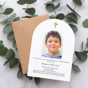 Navy blue arch photo boy First Holy Communion  Invitation