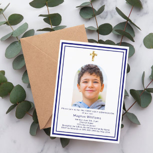 Navy blue arch photo boy First Holy Communion Invitation