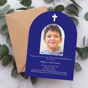 Navy blue arch photo boy First Holy Communion  Invitation
