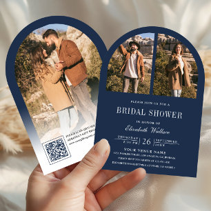Navy Blue Arch Photo QR Code Bridal Shower Invitation