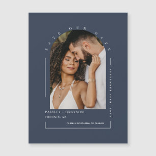 Navy Blue Arch Photo Save Our Date Magnetic Card