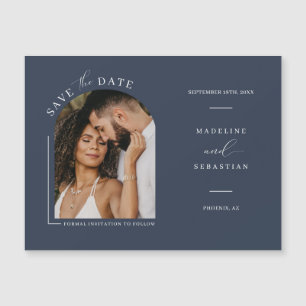 Navy Blue Arch Photo Save the Date Magnetic Card
