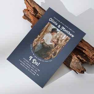 Navy blue arch photo simple retro groovy wedding invitation