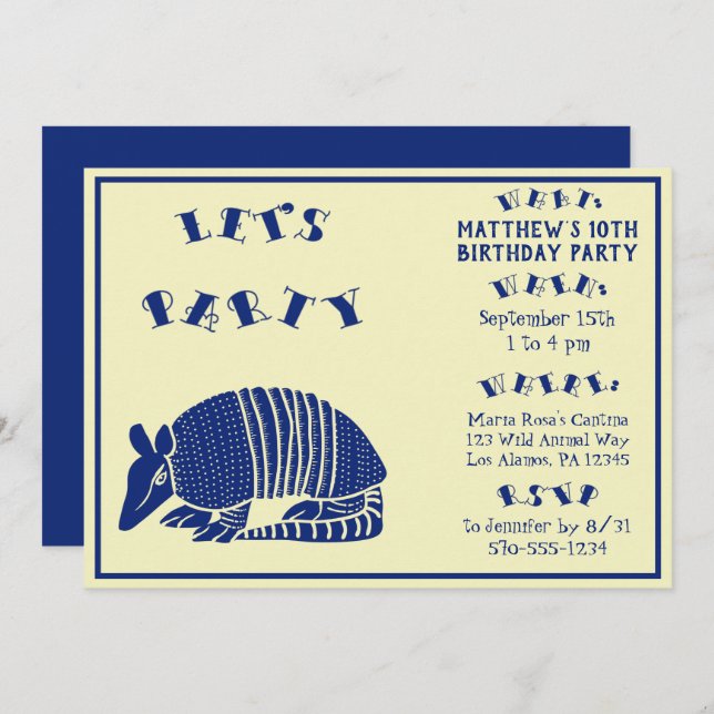 Navy Blue Armadillo Personalised Birthday Party Invitation (Front/Back)