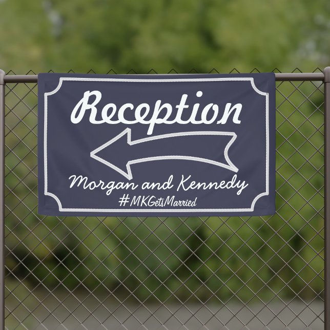 Navy Blue Arrow Left Reception Wedding Banner (If your wedding reception is pointing to the left - here's the banner just for you. Add your names!)