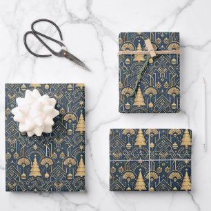 Navy Blue Art Deco Christmas Tree Pattern Wrapping Paper Sheet