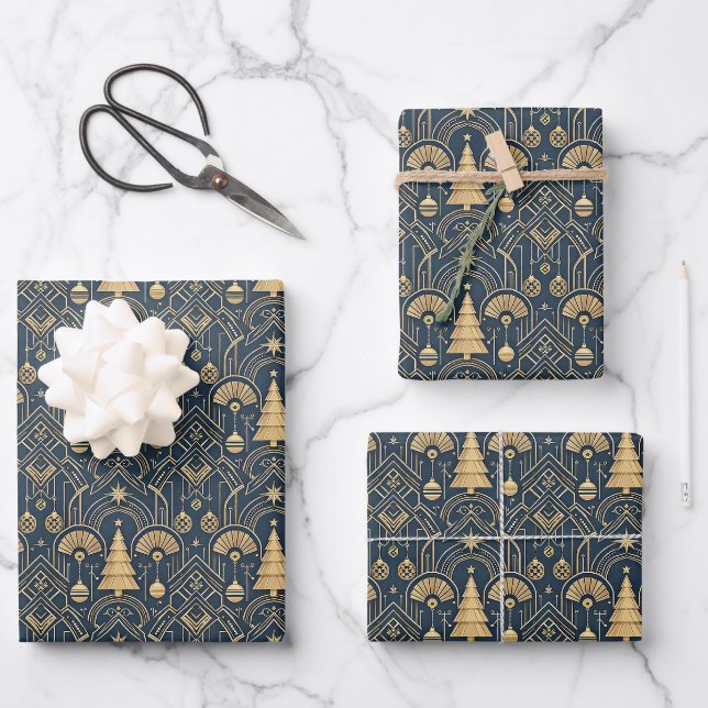 Navy Blue Art Deco Christmas Tree Pattern Wrapping Paper Sheet (Front)