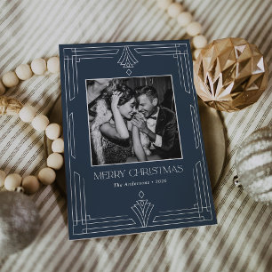 Navy Blue Art Deco   Modern Photo Christmas Holiday Card
