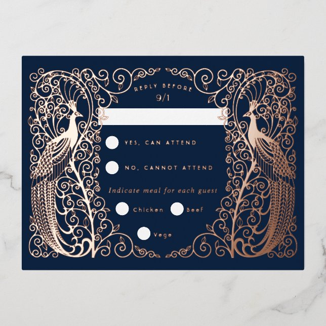 Navy Blue Art Deco Peacocks Rose Gold Rsvp Card (Front)