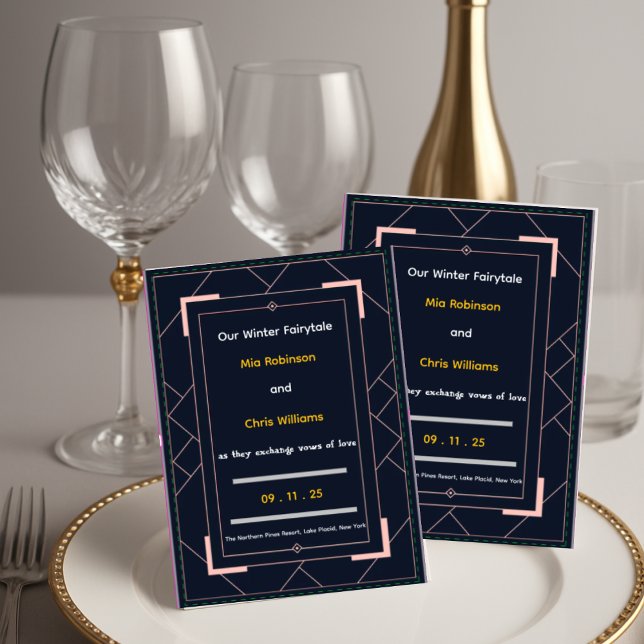 Navy Blue Art Deco Rose Gold Geometric Wedding Invitation (Navy Blue Art Deco Rose Gold Geometric Wedding)