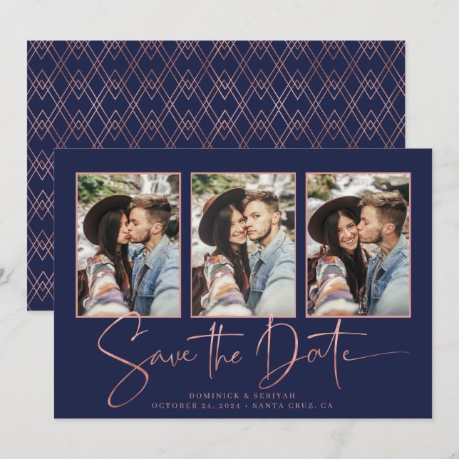 Navy Blue Art Deco Rose Gold Save the Date (Front/Back)