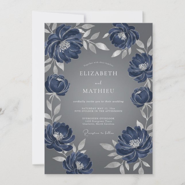 Navy Blue Artistic Bloom Wedding Invitation (Front)