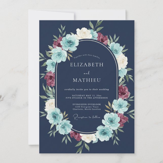 Navy Blue Artistic Botanical Wedding Invitation (Front)