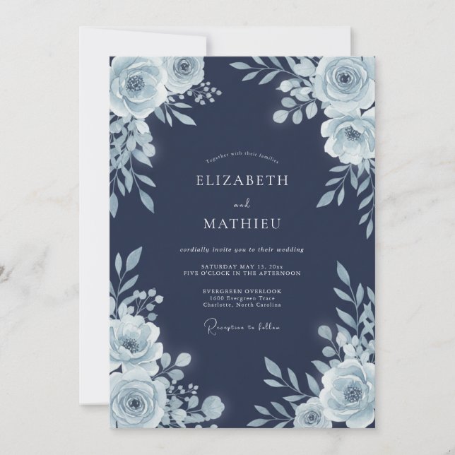 Navy Blue Artistic Winter Wedding Invitation (Front)