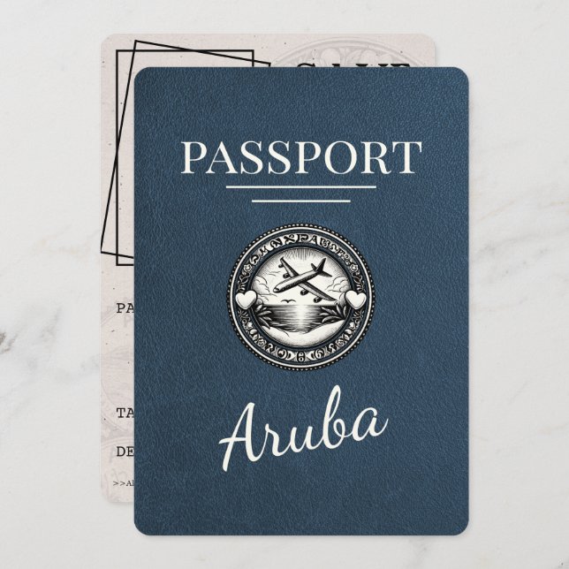 Navy Blue Aruba Passport Save The Date (Front/Back)