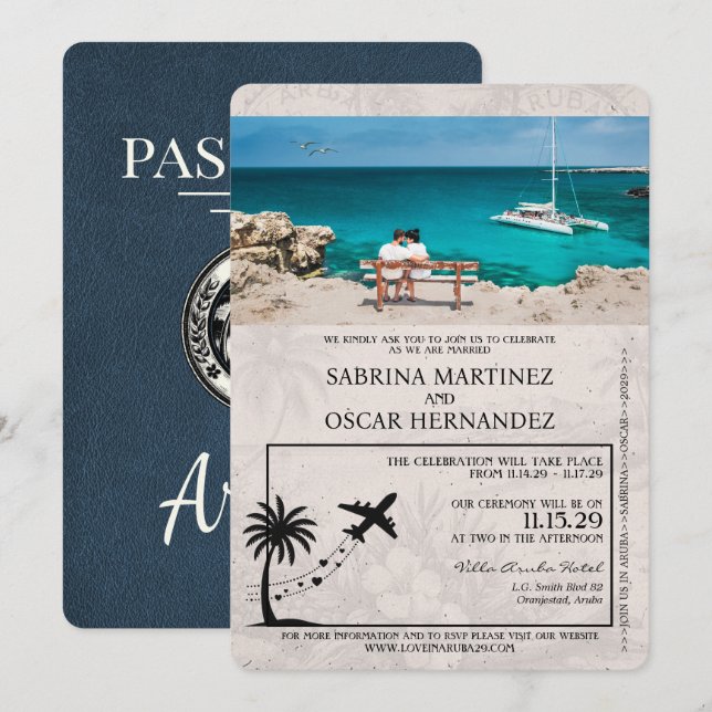 Navy Blue Aruba Passport Wedding Invitation (Front/Back)