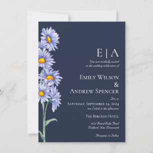 Navy Blue Aster Flowers Wedding Invitation