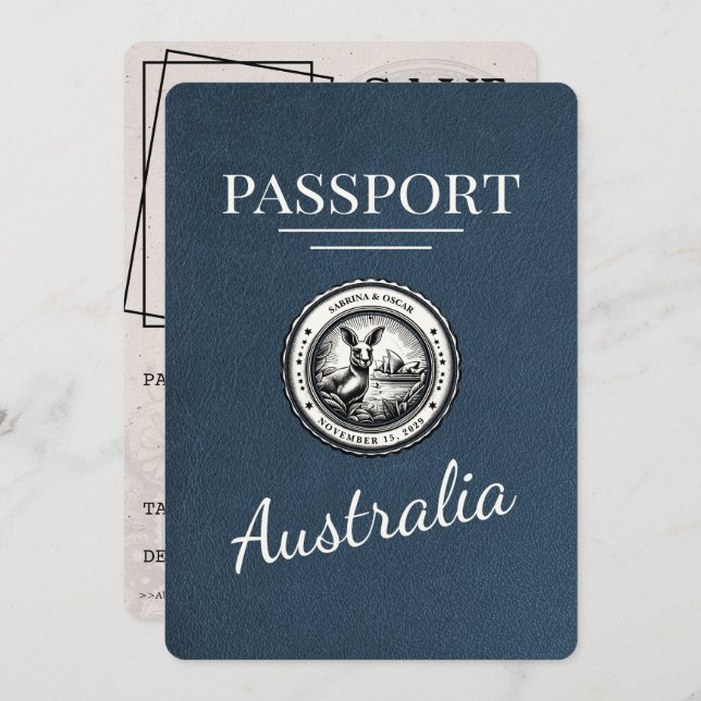 Navy Blue Australia Passport Save The Date (Front/Back)