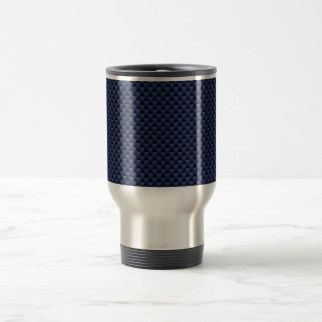 Navy Blue Automotive Carbon Fibre Weave Print Travel Mug (Center)
